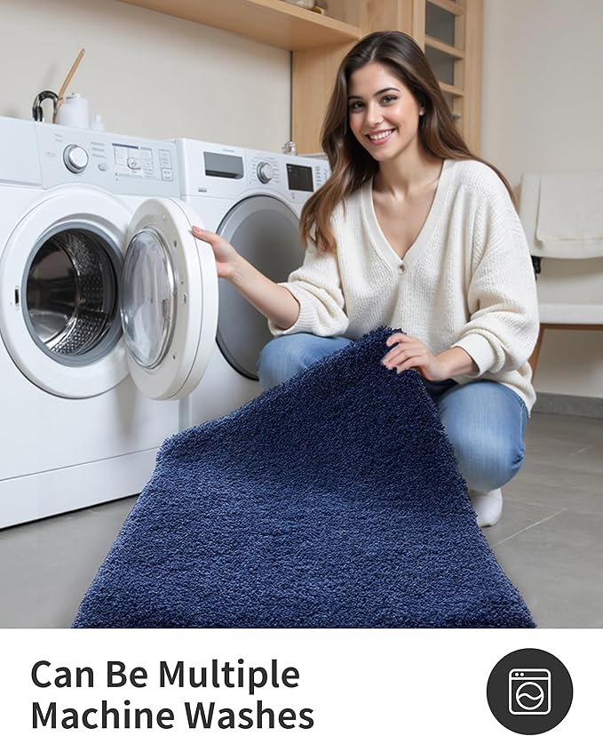 ILANGO Navy Blue Toilet Rugs U Shaped 22" × 24" Non Slip & Super Absorbent Extra Thick Soft, Washable Bath Mats for Bathroom Floor, Microfiber Plush Shaggy Contour Bath Rugs for Toilet,Dry Quick
