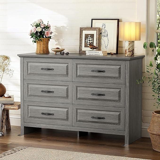Marsail Farmhouse 6 Drawer Dresser, Wood Chest of Drawers with Natural Texture, Smooth Gliding Drawers, Versatile Storage Organizer Cabinet for Bedroom & Living Room, Grey