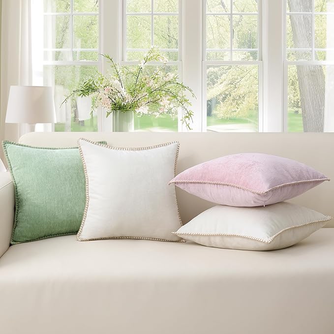 decorUhome Spring Chenille Soft Cozy Throw Pillow Covers 20x20 Set of 2 Modern Farmhouse Boho Velvet Decorative Pillow Cases with Stitched Edge for Couch Sofa Bed Home Valentines Decor, Blush Pink