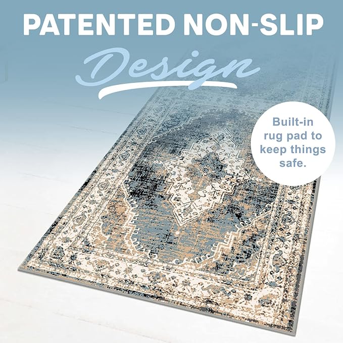 MICRODRY Runner Rug, Low-Profile Design for a Sleek, Bulk-Free Look. Machine Washable, Stain-Resistant, Skid-Resistant Backing, Ideal for Bedroom Hallway, Kitchen, or Entryway, 2x7', Inez (Cream/Blue)