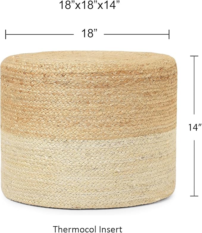 REDEARTH · Cylindrical Pouf Foot Stool Ottoman - Jute Braided Pouffe Poof Accent Sitting Footrest for Living Room, Bedroom, Nursery, Patio, Lounge & Other Rooms (Natural Ivory, 18"X18"X14")