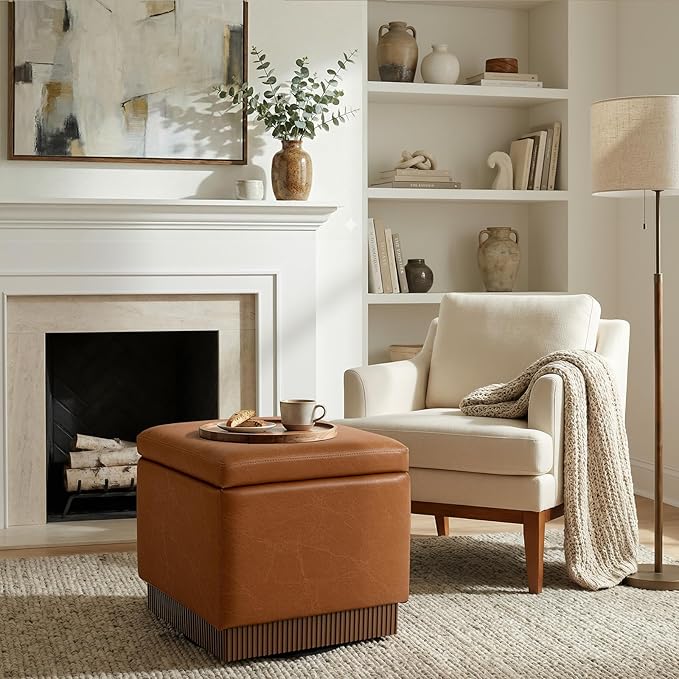 Swivel Storage Ottoman with Hidden Compartment, Square Faux Leather Footstool, Solid Acacia Wood Frame, 500 lbs Capacity, No Assembly Required, for Living Room & Bedroom