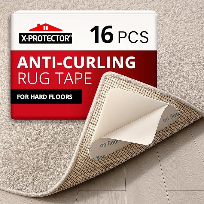 X-Protector Rug Tape - 16 Pcs Set - White Anti-Slip & Anti-Curling Carpet Tape for Hard Floors - Premium Rug Pad Gripper - Carpet Corner Grippers to Keep Your Carpet in Place & Make Corners Flat
