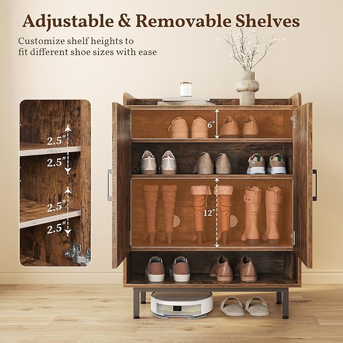 Yaheetech Shoe Storage Cabinet with Doors, Farmhouse Shoe Cabinet with 2 Adjustable Shelves and 4 Side Hooks, Wooden Shoe Rack Organizer Cabinet for Entryway, Foyer, Hallway, Rustic Brown