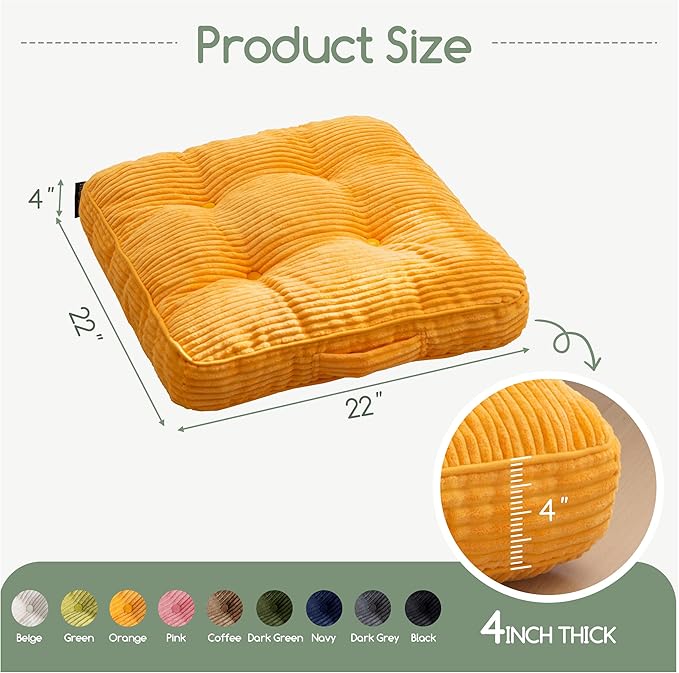 HIGOGOGO Washable Floor Pillow Cushion for Adults, Meditation Cushion Pillow, Large Square Floor Sitting, Removable Tufted Corduroy Cover, for Tatami Living Room or Yoga, 22x22 Inch, Machine Washable