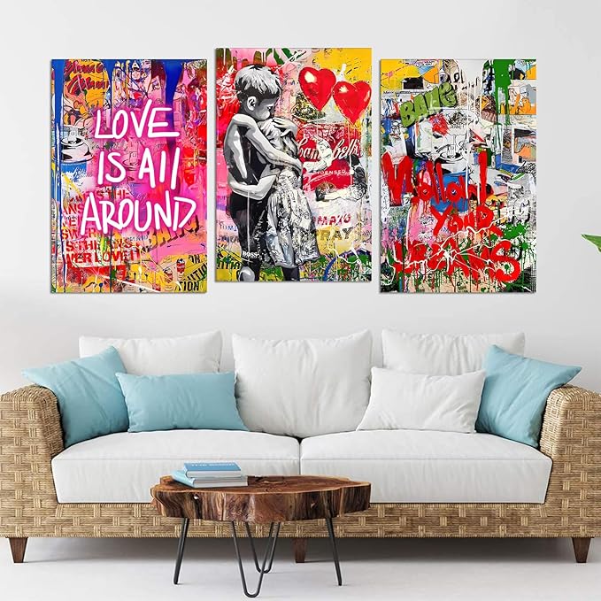 Novatique Banksy Wall Art Street Wall Art Modern Colorful Graffiti Painting Artwork Home Decor Love All Around Graffiti Art Poster for Living Room Bedroom, 24”x 36”x 3Pcs