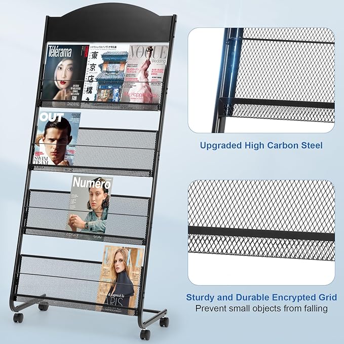 Magazine Rack Floor, Literature Display Rack Brochure Stand for Offices, Trade Show Exhibitions Office Retail Store (Black)