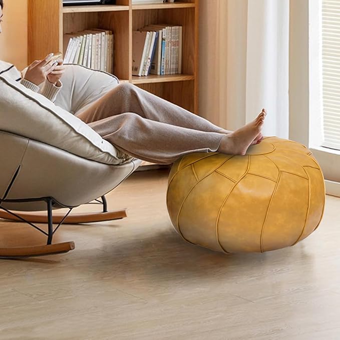 Thgonwid Round Unstuffed Pouf Cover, Leather Foot Stool Ottoman with Storage, Bean Bag Floor Chair, Multi Functional Footrest for Living Room, Bedroom or Balcony (Yellow)