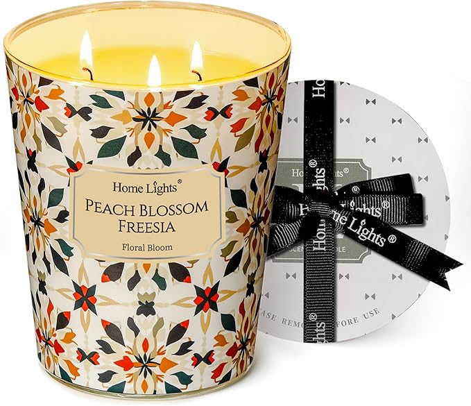 HomeLights Scented Candles | Large Jar 34 Oz Natural Soy Candle | 130 hrs Long-Lasting with 3 Wicks | Bohemian Natural for Home Decor | Gifts for Mom & Women, Peach Blossom Freesia