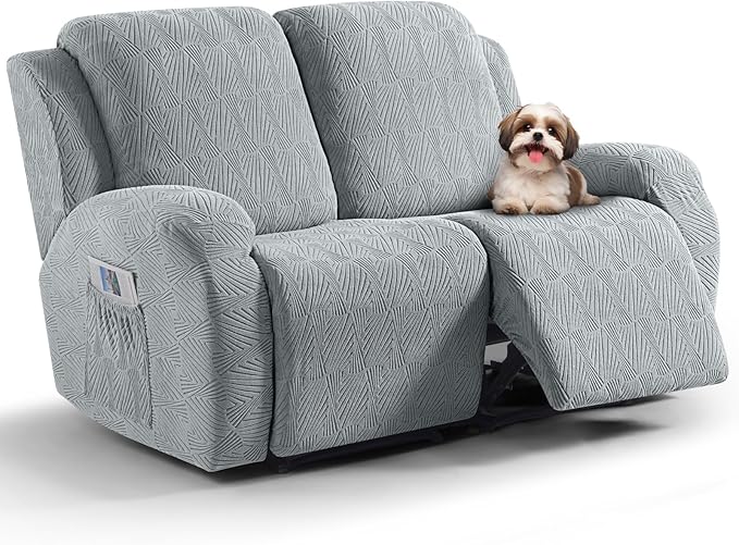 VANSOFY Recliner Loveseat Cover, 6-Pieces Stretch Dual Recliner Sofa Cover Soft Jacquard Reclining Couch Slipcover Furniture Protector with Elastic Bottom for Kid, Pets(2 Seat,Light Gray)
