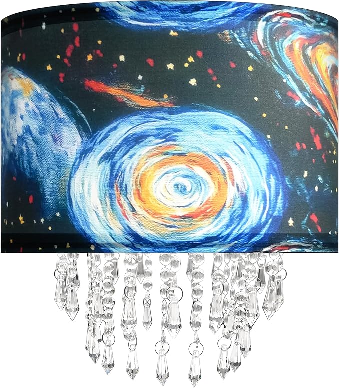 Space Planet Galaxy Lamp Shade with Acrylic Bead Droplets, Universe Drum Fabric Light Shade for Ceiling Pendant Table & Floor Lamp, Kid Boy Teen Room Decor, 11.8in