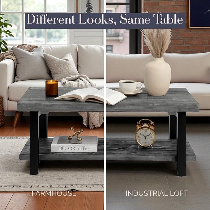 Pomona 2-Tier Rectangular Coffee Table - 42-Inch Reclaimed Wood Top with Lower Shelf Storage and Metal Legs - Farmhouse Rustic Industrial Style Living Room & Office Furniture (Slate Gray)