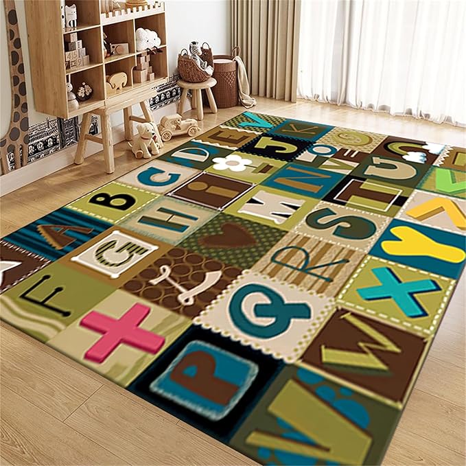 ABC Education Area Rug Children's Range of Rugs for Learning English Letters and Math Symbols Prints Retro Multicolor Patchwork Carpet Kids Gaming Throw Rugs for Nursery Dorm Classroom, 6x9ft