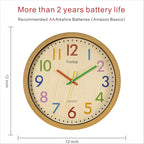 Foxtop Silent Kids Wall Clock 12 Inch Non-Ticking Battery Operated Colorful Childrens Clock for Classroom Playroom Nursery Bedrooms Kids Room School
