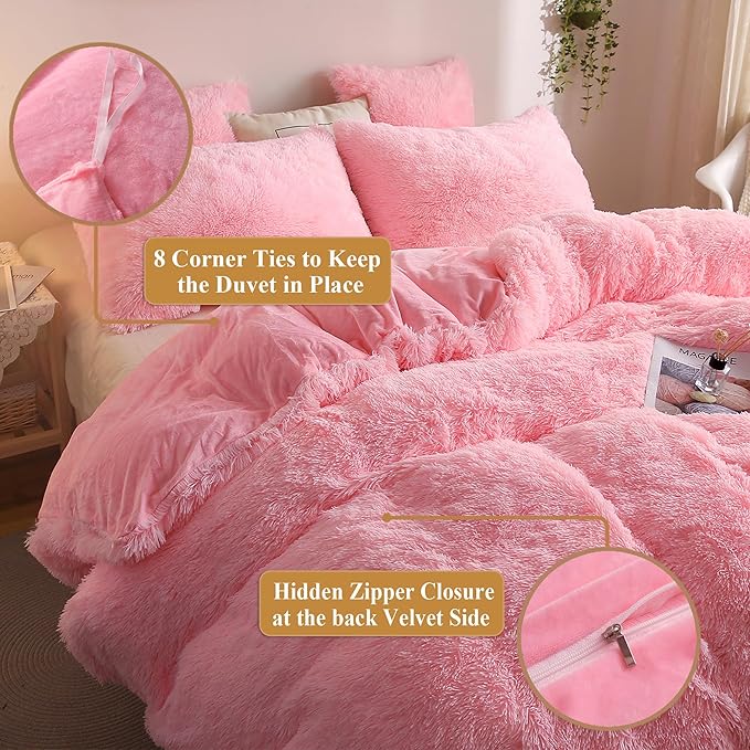 XeGe Plush Shaggy Duvet Cover Set, Luxury Ultra Soft Crystal Velvet Fluffy Bedding Sets 3 Pieces(1 Furry Faux Fur Comforter Cover + 2 Fuzzy Faux Fur Pillow Cases), Zipper Closur (King, Light Pink)