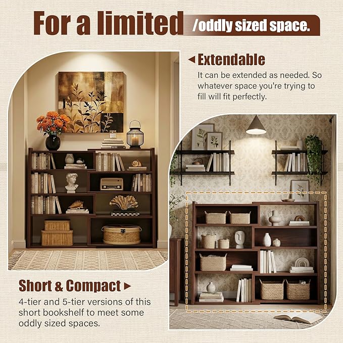 Armocity Book Shelf - Small Expandable Ladder Shelf, Short Corner Bookshelf for Small Spaces, 5 Tier Wood Narrow Bookcase, for Living Room, Bedroom, Entryway, Black Walnut