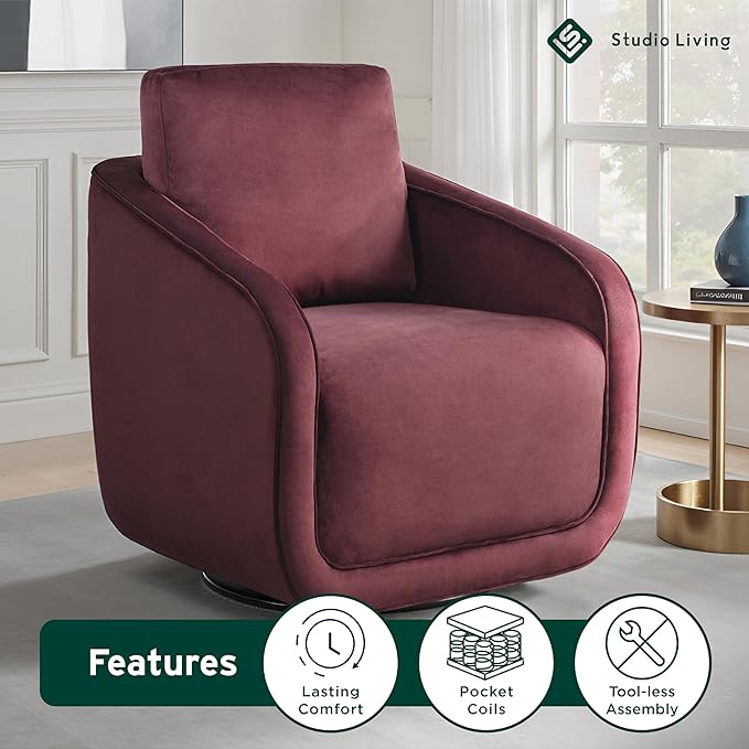Studio Living® Lydia 35.3" Swivel Accent Chair, Modern Boho, Fully Assembled, Pocket Coil Comfort, Round Swivel Base Leg, Soft Velvet Fabric, Plum