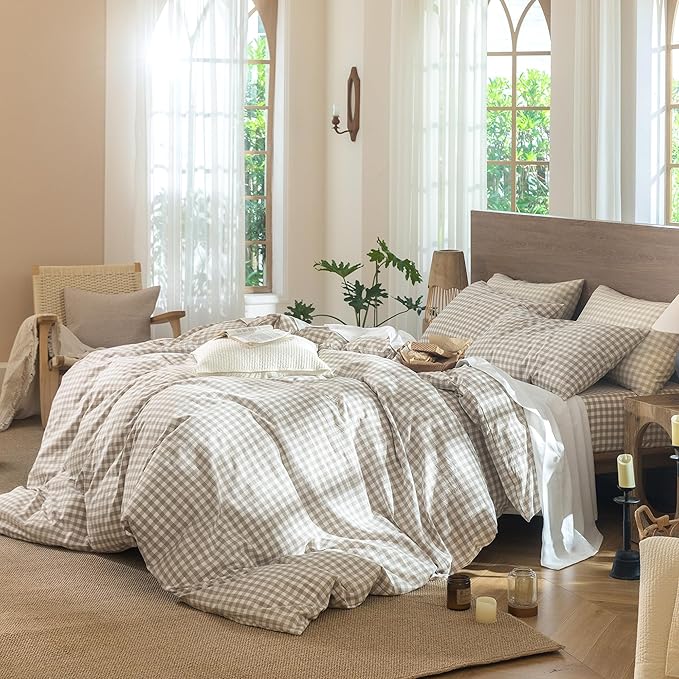 MooMee Gingham Duvet Cover Set 100% Washed Cotton Linen Like Textured Breathable Durable Soft Comfy Modern Checkered Design (Tannish Linen Grey Gingham, Queen 90"x90")