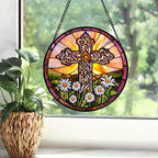 Christian Gifts for Women - Cross Stained Glass Window Hanging Jesus Easter White Daisy Flower Sun Catcher Garden Religion Decor Mother's Day Catholic Gift for Men Grandma Nana Her 15"