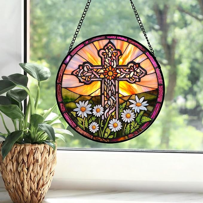 Christian Gifts for Women - Cross Stained Glass Window Hanging Jesus Easter White Daisy Flower Sun Catcher Garden Religion Decor Mother's Day Catholic Gift for Men Grandma Nana Her 15"
