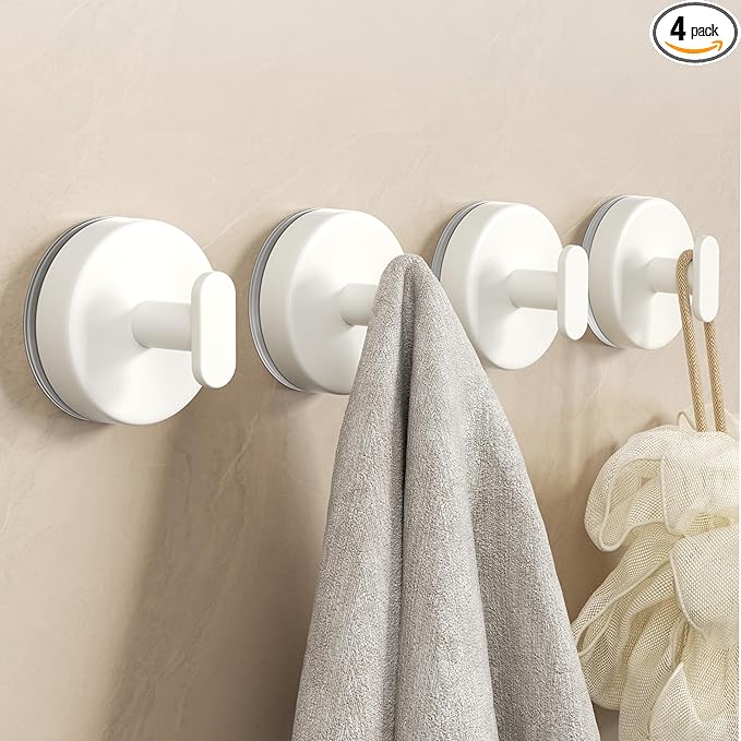 Suction Cup Hooks for Shower: 15 LB Strong Wall Hanger for Bathroom, Front door, Glass, Window, RV, Holder for Towel, Christmas Wreath, Coat, Loofah, Waterproof & Reusable, Cream White 4-Pack