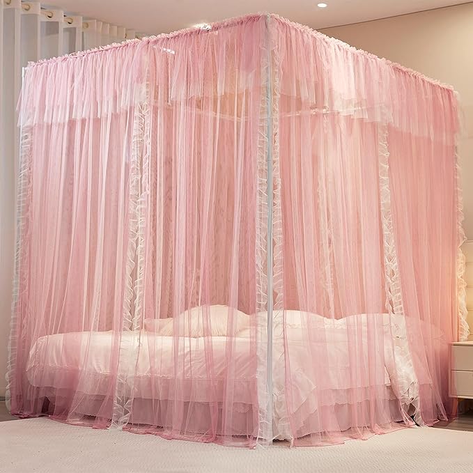 4 Corners Post Princess Curtains Bed Canopy for Girls 8 Panels Curtain- Double Layer Sheer Mesh Canopies Drapes Girls Room Decor (8P-Pink/White, 4P(43"x82") W+4P(43"x82") L/(King))