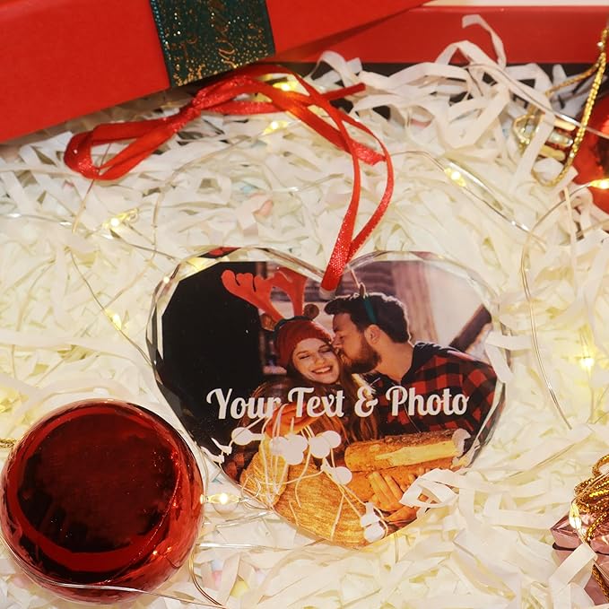 Personalized Christmas Crystal Ornaments Custom Heart Photo Ornament 2024 Customized Christmas Ornament Personalized First Christmas Keepsake Gifts for Couples Family Friends Xmas Decor