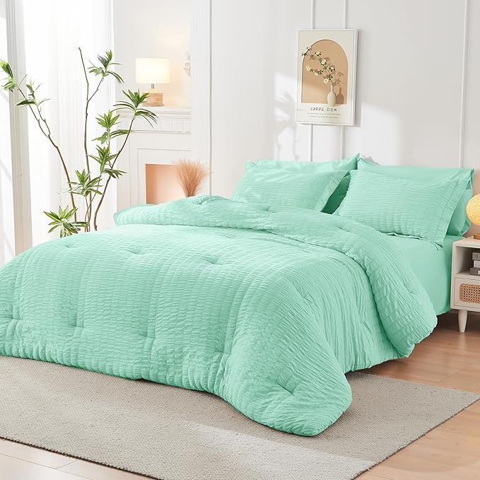 HYMOKEGE Mint Green Twin Comforter Set Seersucker 5 Pieces, All Season Luxury Bed in a Bag for Bedroom, Bedding Set with Comforter, Sheets, Pillowcase & Sham