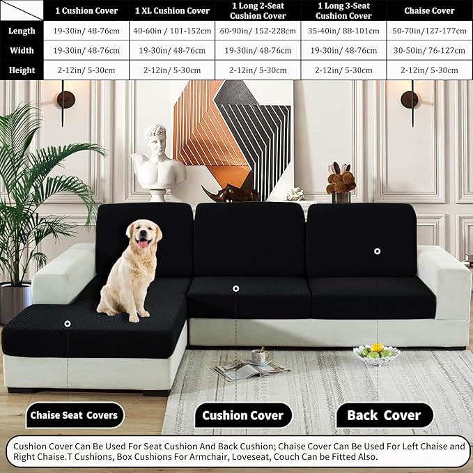 YEMYHOM Stretch Individual Cushion Covers Sofa Chair Seat Cushion Slipcovers Soft Couch Cover Replacement Large Checkered Furniture Protector with Elastic Bottom (1 Pc Cushion Cover, Black)