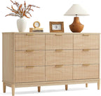 LINSY Fluted Dresser for Bedroom with 9 Drawers, Mid Century Modern Chest of Drawers with Gold Metal Handles, Wide Boho Wood Dressers, Large Farmhouse Storage Cabinet for Bedroom, Living Room, Oak