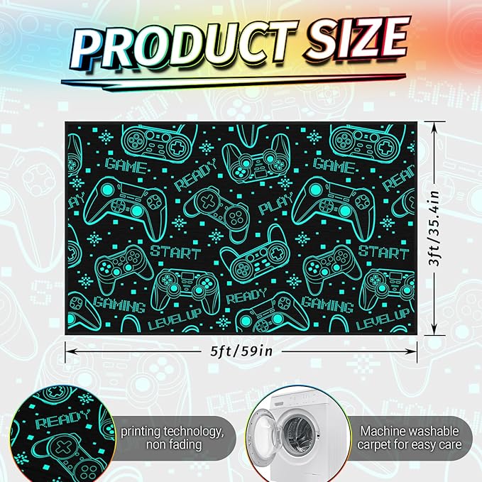 Gaming Rug for Boys Room - Games Theme Fluorescent Green Rug Gaming Room Decor Gamer Area Rugs for Bedroom Teen Boy Video Game Carpet for Kids Room & Bedroom Anti-Slip Mat 35.4x59 in