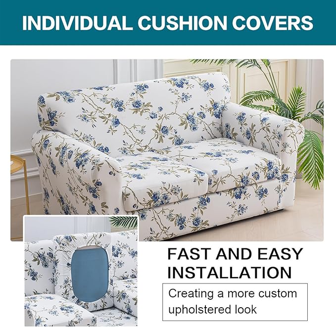 KRFOONN 3 Piece Printed Couch Cover for 2 Cushion Couch Stretch Sofa Loveseat Slipcover with 2 Separate Seat Cushion Covers Furniture Protector with Elastic Bottom for Living Room (Loveseat, 51)