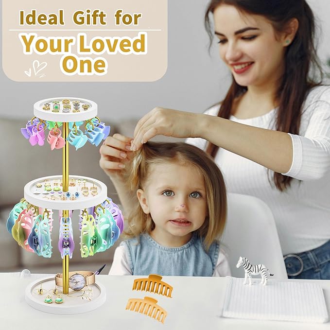 2 Tier Metal Claw Clip Organizer Holder for Women, Table Hair Clip Storage Holder with 22 Hooks and 3 Trays, Hair Accessories Organizer Display Stand for Dressing Table (White)
