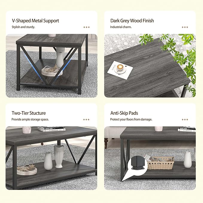 FOLUBAN Coffee Table with Storage, Modern Small Center Tables for Small Spaces, Rustic Wood and Metal Cocktail Table for Living Room, 39.3 Inch Dark Gray