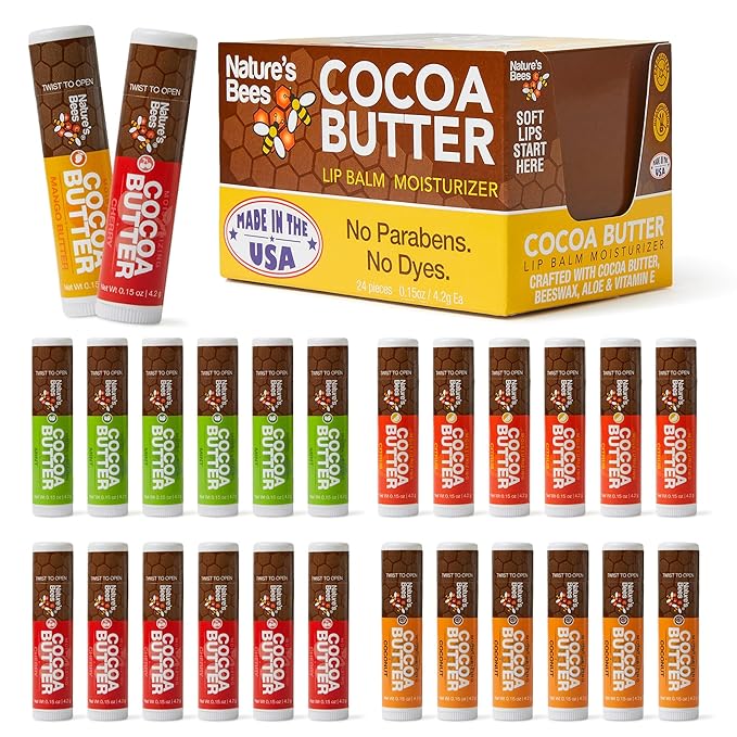 Nature's Bees Cocoa Butter Lip Balm, Lip Care for Dry Lips, Coconut Oil, Beeswax, Vitamin E, Aloe, & Shea Butter, 0.15 oz Each, 4 Flavors, Citrus, Coconut, Cherry, & Mint, 24 Pack - Packaging May Vary