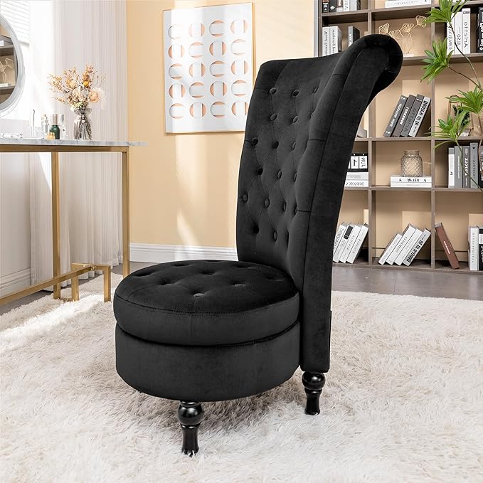 Royal High-Back Velvet Accent Chair for Vanity with Storage and Luxurious Upholstery, Retro Design and Versatile Usage for Living Room, Bedroom, Lounge and Office, Black