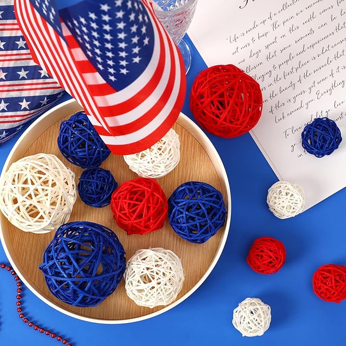SANNIX 16 Pcs Red White and Blue Rattan Balls 4th of July Vase Filler Wicker Balls Patriotic Decorations 3 Sizes Decorative Balls for Bowls Independence Day Home Table Decor
