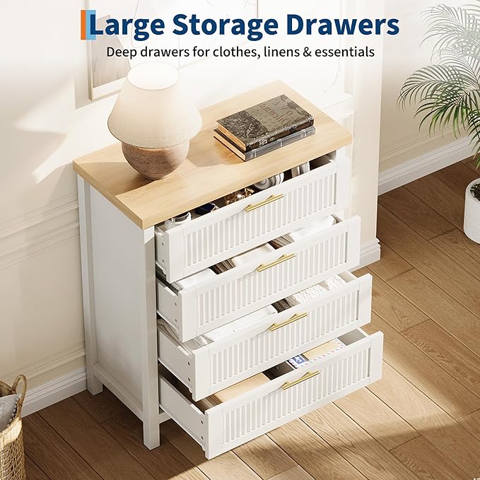 IDEALHOUSE Fluted 4 Drawers Dresser for Bedroom, 35.4" Tall Chest of Dressers for Closet, 4 Fluted Drawers with Metal Handle, Clothes Storage Cabinet for Bedroom, Nursery, Living Room, White