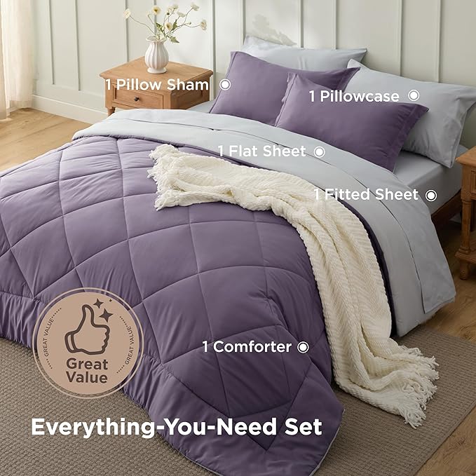 Bedsure Twin Comforter Set - 5 Pieces Reversible Grayish Purple Bedding, Twin Size Bed Set for All Seasons, Bed in a Bag with Down Alternative Comforter, Sheets, Pillowcase & Sham