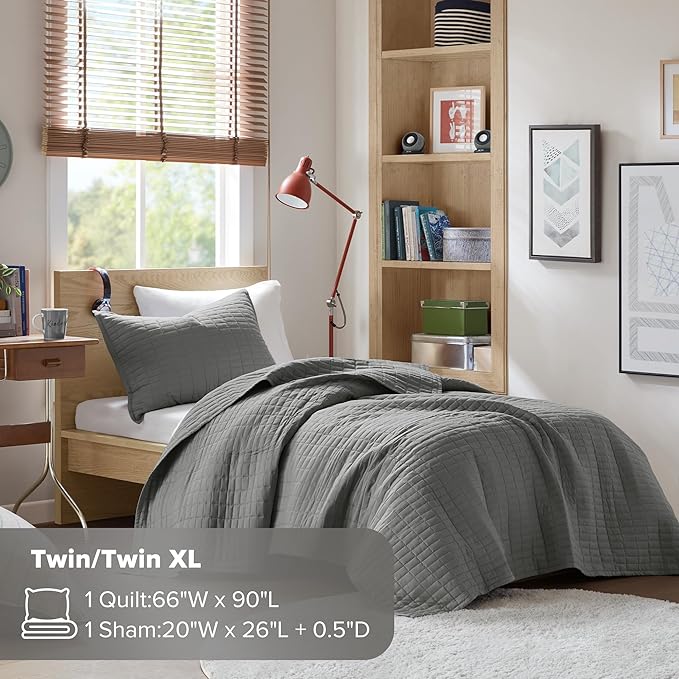 Comfort Spaces Kienna Quilt Set- Double Sided Stitching Design Summer Blanket, Lightweight, Soft, All Season Bedding Layer, Matching Sham, Charcoal, Coverlet Twin/Twin XL(66"x90") 2 Piece