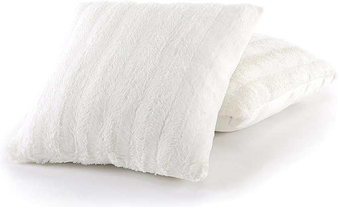 Cheer Collection Faux Fur Throw Pillows - Decorative Pillows for Couch, Bed Throw Pillows, White Accent Pillows for Bedroom or Living Room Aesthetic, Set of 2 Furry Throw Pillows, 18”x18”