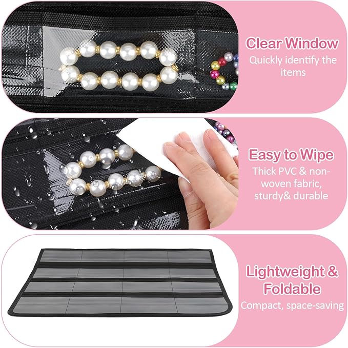 Hanging Jewelry Organizer for Closet with Swiveling Hanger, 17 x 30 In, 80 Clear Pockets Jewelry Organizer Hanging for Jewelries, Earrings, Accessories (Beige) (2, Black)