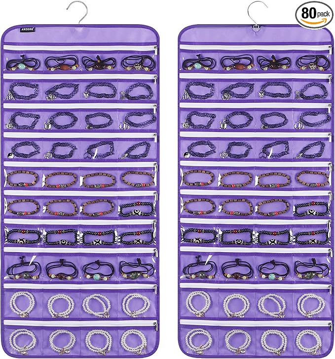 80 Zippered Pockets Hanging Jewelry Organizer for Holding Jewelries Dual-Sided Accessory Display Holder for Earrings Bracelets Rings (80 Zippered Pockets-Purple)