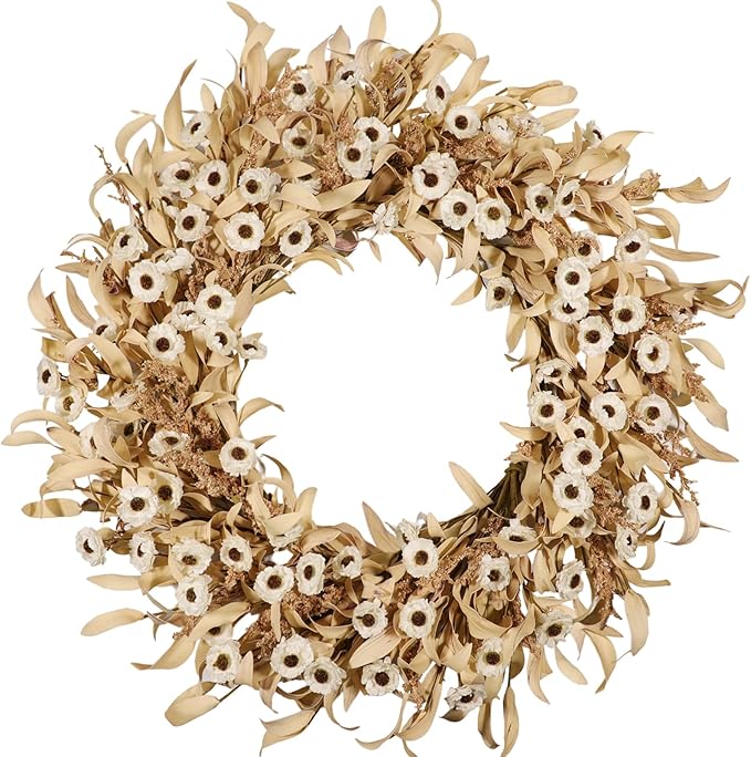 24 Inch White Floral Wreaths for Front Door - Spring Summer Decor with Artificial Eucalyptus, Boxwood & Grain Stems, All Season Farmhouse Wreath for Indoor Outdoor