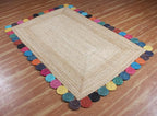 Scalloped Jute Rug, Hand Woven Runner Area Rug, 4x15 Ft Beige & Multicolor Braided Natural Sisal Kilim Rugs for Living Room, Kitchen, Entryway, Farmhouse