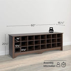 Prepac 24 Pair Shoe Cabinet, Entryway Bench, Mud Room Organization and Storage Bench with 24 Shoe Cubbies, Brown, 15.5"D x 60"W x 20.25"H