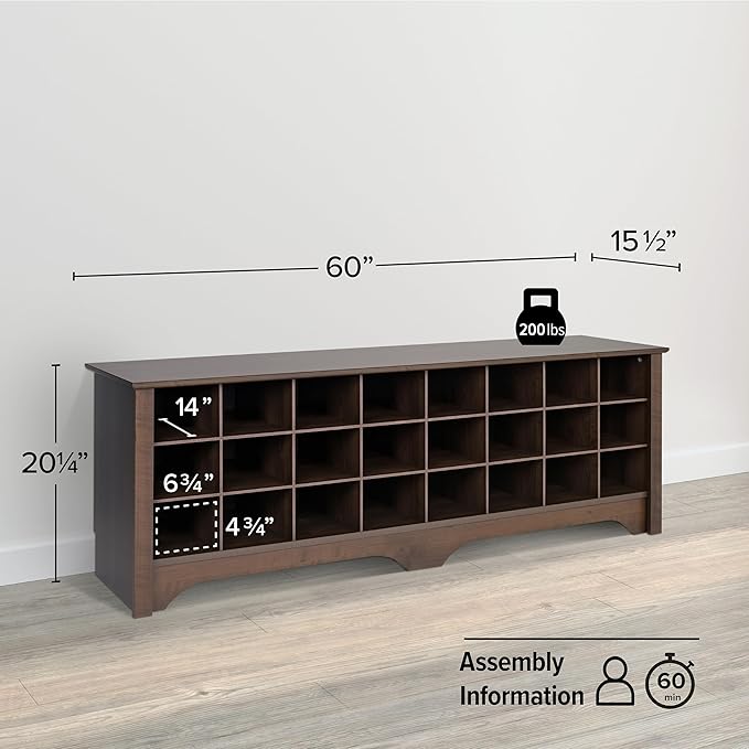 Prepac 24 Pair Shoe Cabinet, Entryway Bench, Mud Room Organization and Storage Bench with 24 Shoe Cubbies, Brown, 15.5"D x 60"W x 20.25"H