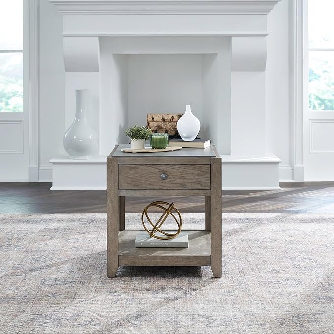Liberty Furniture Millstone End Table with Unique Tile Top for Living Room - Nutmeg Oak Wood