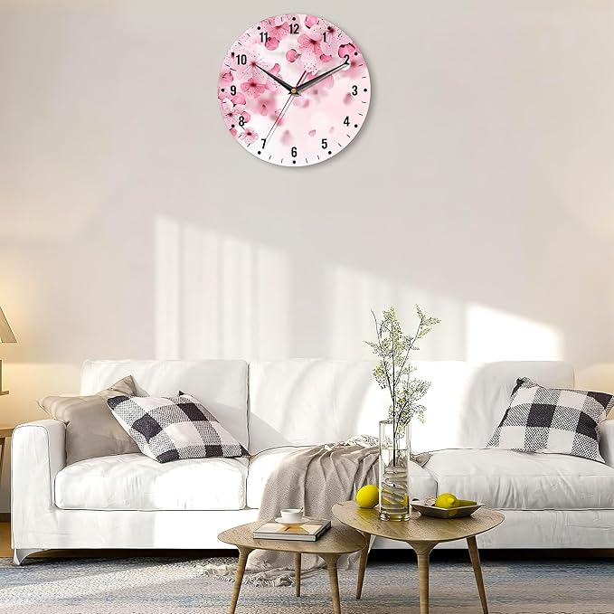 SPUNKER Wall Clocks,Cherry Blossom Wall Clocks for Living Room Decor,Pink Sakura Flower Kitchen Clocks Wall Battery Operated - 10 Inch Round Bathroom Wall Clock Silent Non-Ticking