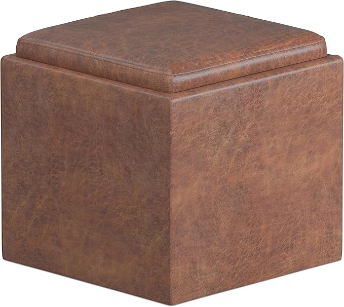 SIMPLIHOME Rockwood Cube Storage Ottoman with Tray - 17 inch Wide Upholstered Vegan Leather Square Storage Ottoman in Distressed Saddle Brown, Contemporary Cube Ottoman for Living Room with Tray
